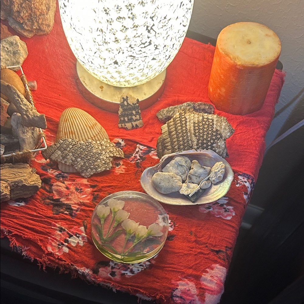 Red Floral Tablecloth with Seashell Decor